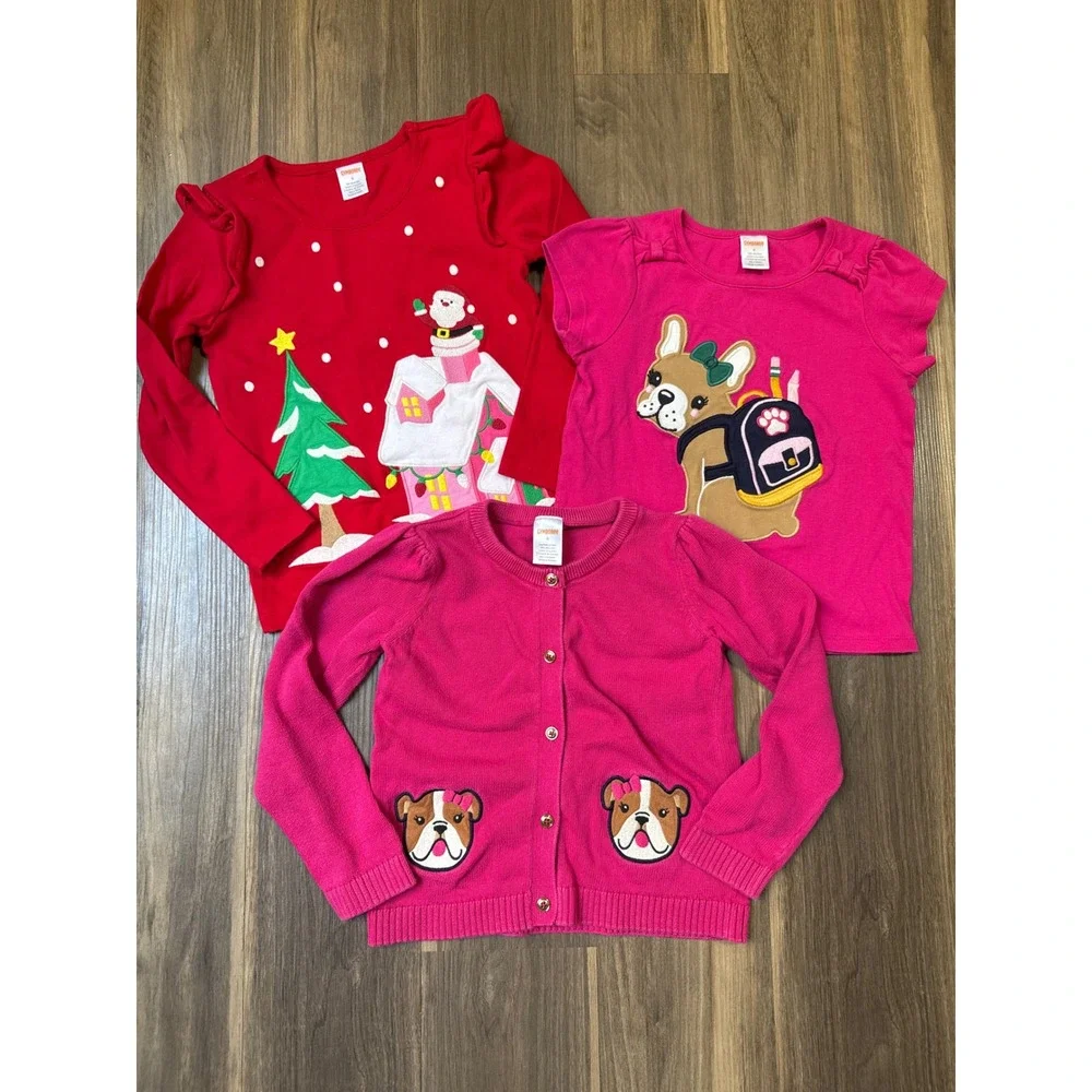 Gymboree Tops Lot Girls Size 6 Pink Red Embroidered Christmas Bulldog 3pc Set